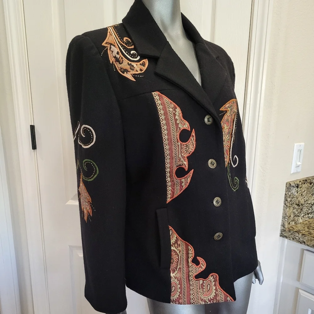 137B. Vtg. Alex Kim Embroidered Black Wool Blend Jacket/Coat - Size Large